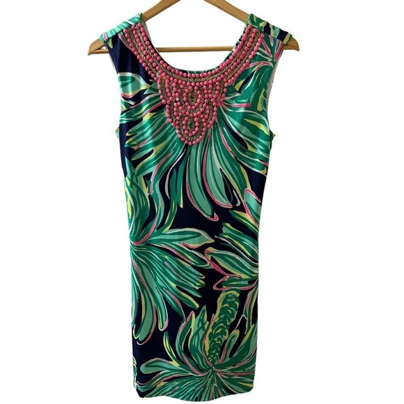 Lilly Pulitzer Bristol Dress Navy Tiger Palm Leaf Pink Gold Beaded Size X-Small - Picture 4 of 11